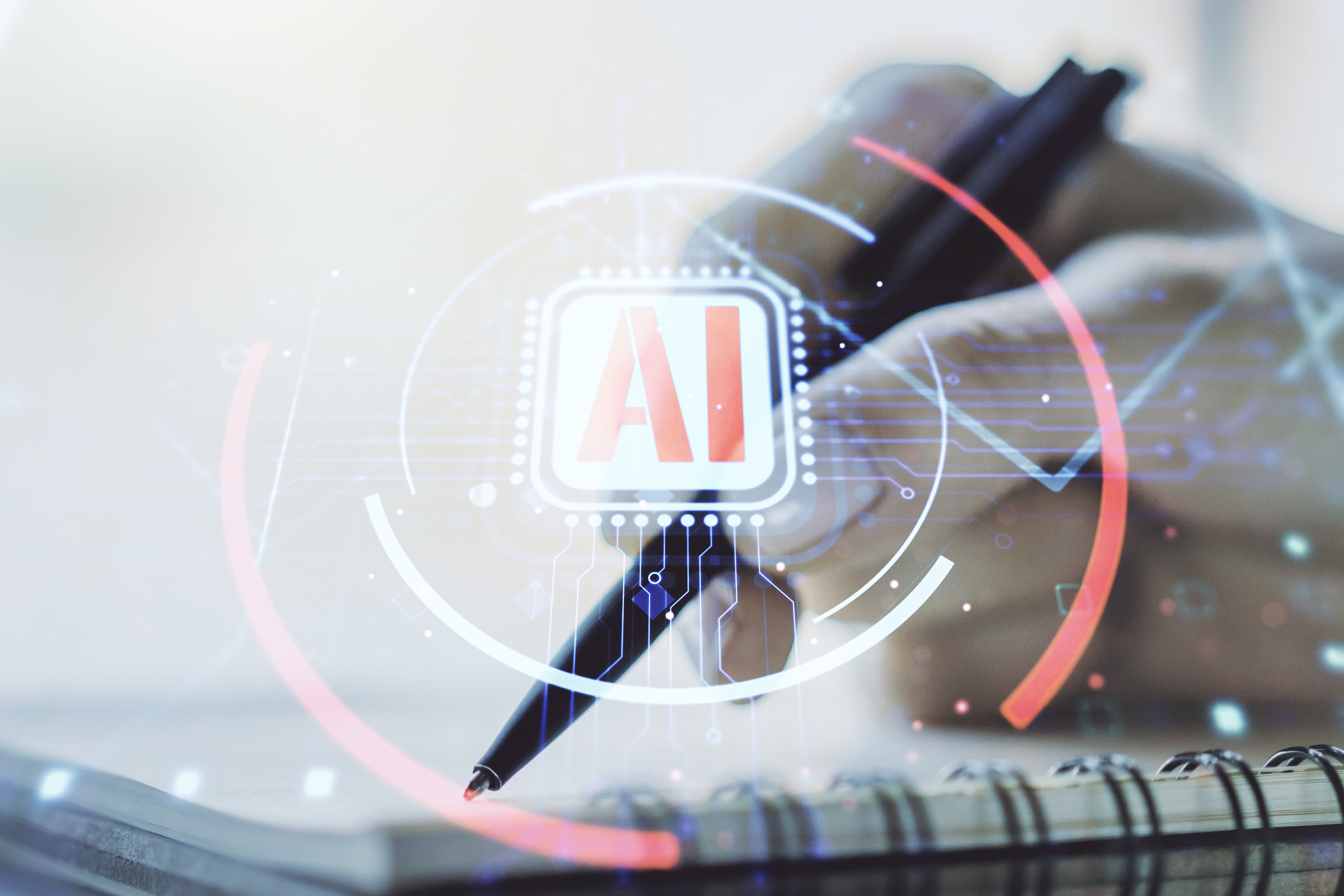 Double exposure of creative artificial Intelligence abbreviation with woman hand writing in notepad on background. Future technology and AI concept