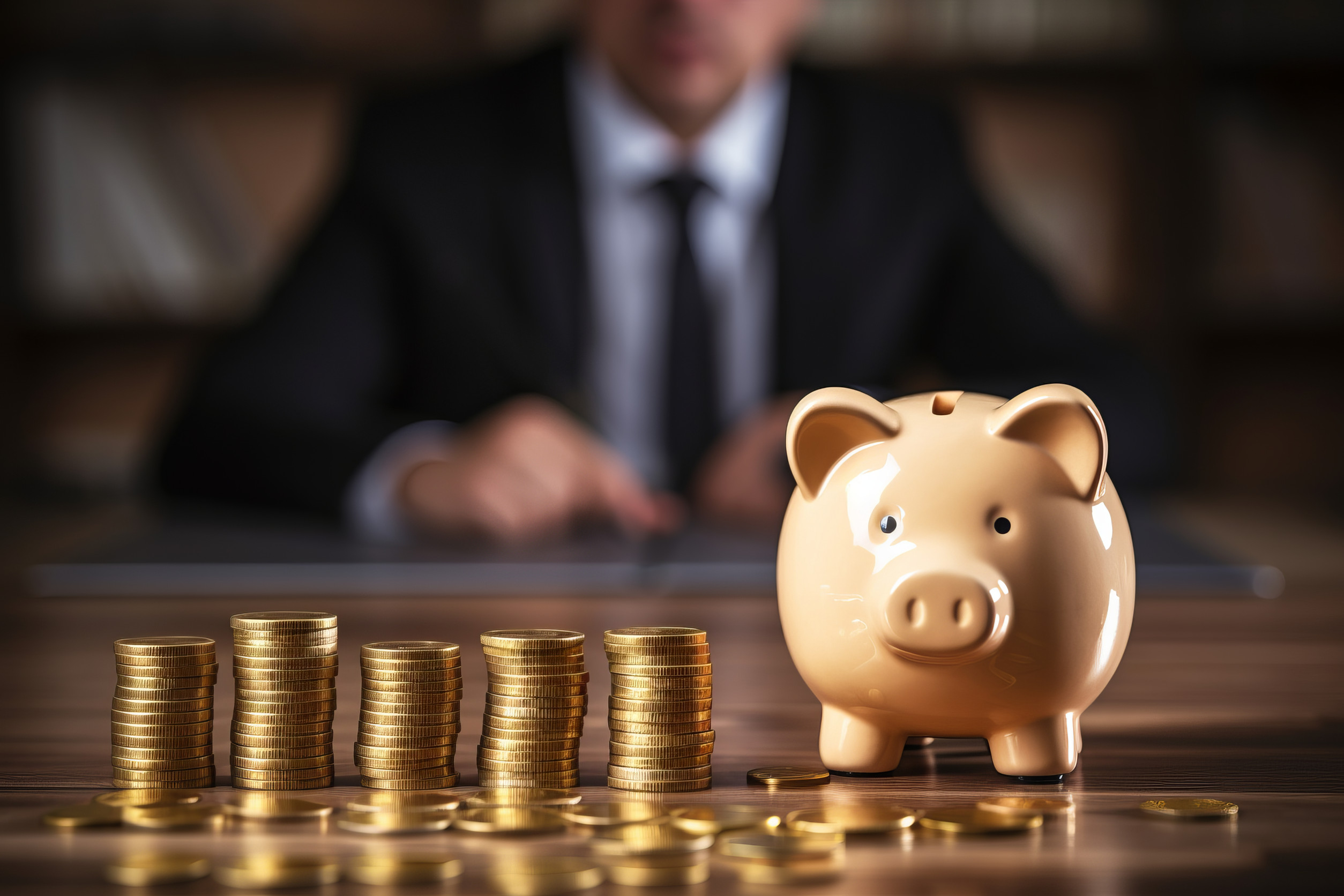 Stacks of coins and a piggy bank on the table at which the banker sits. The concept of personal savings in the bank.